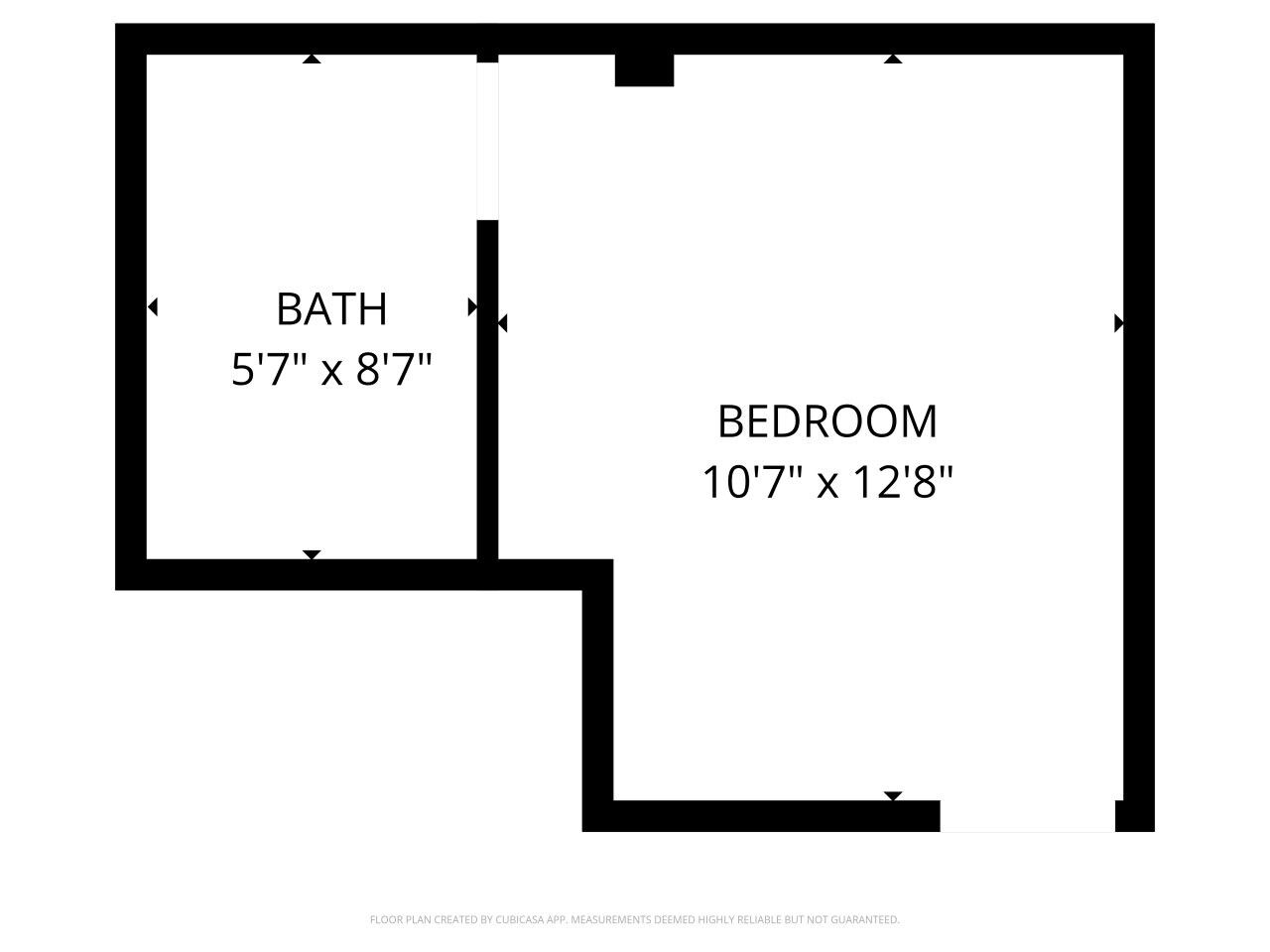 A floor plan with a bathroom measuring 5'7' x 8'7' and a bedroom measuring 10'7' x 12'8'.