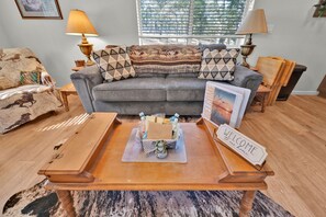 TV, fireplace, books