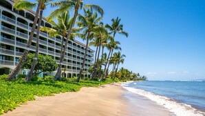 A beachfront hotel with multiple balconies, palm trees, and a sandy beach. - Lahaina Shores 527 – Relaxing Oceanfront Escape (Lahaina)