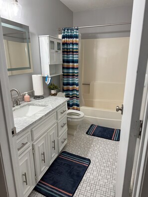 Hair dryer, towels, soap, shampoo