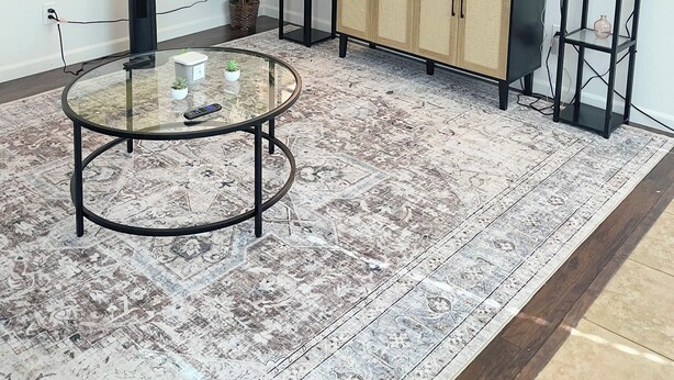 A living room with a glass coffee table, a TV, a cabinet, and a plant. - Charming 2-bedroom townhome - All brand new - pets welcome (Sacramento)