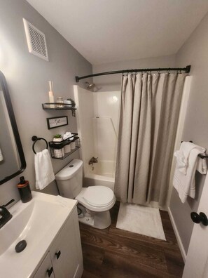 Séchoir à cheveux, serviettes fournies, savon, papier de toilette