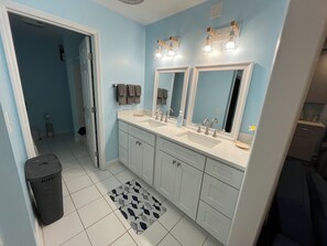Hair dryer, towels, soap, toilet paper