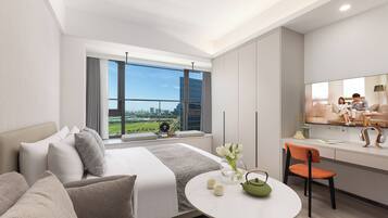 In-room safe, desk, laptop workspace, blackout curtains