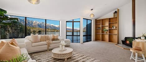 Smart TV, fireplace, books