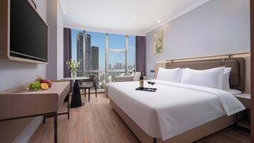 Desk, laptop workspace, blackout curtains, soundproofing