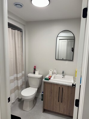 Sèche-cheveux, serviettes fournies, savon, papier toilette