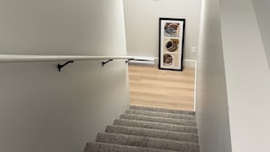 Een trap met beklede treden die uitkomt op een plateau met een lijstwerkfoto.