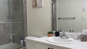 Hair dryer, towels, soap, toilet paper