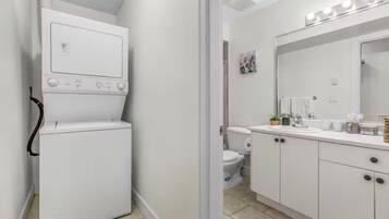 Hair dryer, towels, soap, toilet paper