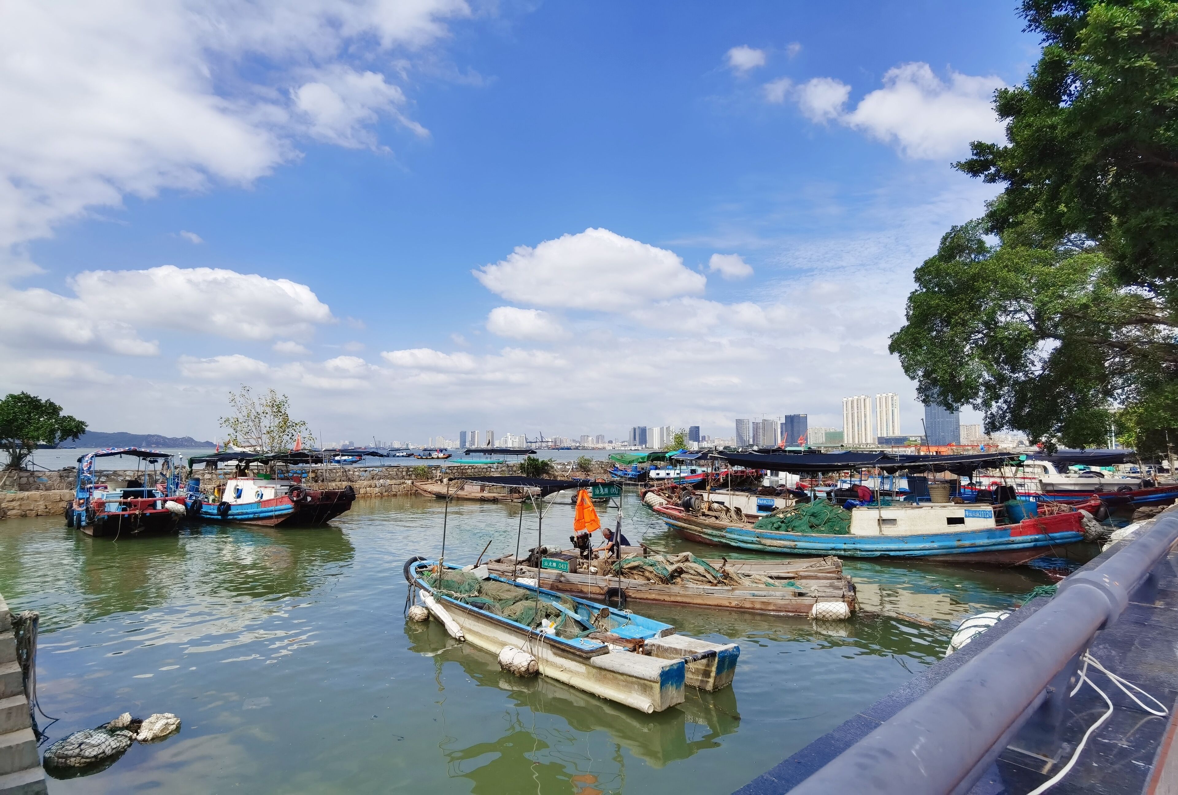 Un puerto con barcos amarrados, agua tranquila y el perfil de una ciudad al fondo.