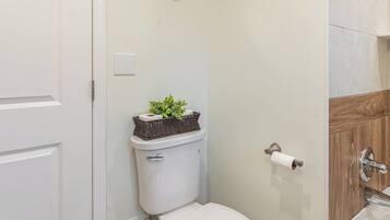 A bathroom with a toilet, a shower, and a decorative wall piece.