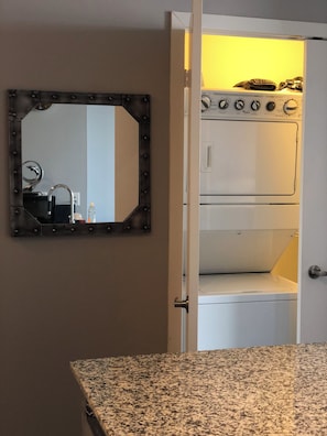 Hair dryer, towels, soap, toilet paper