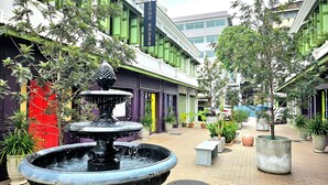 Un patio central con una fuente, rodeado de plantas en macetas y edificios con fachadas verdes y púrpuras.
