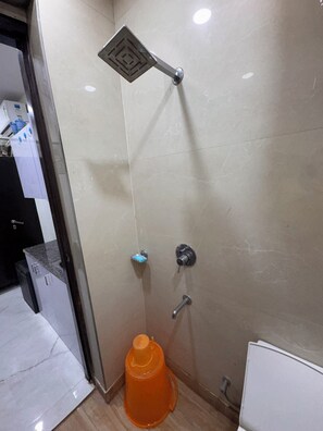 Shower, towels, soap, toilet paper