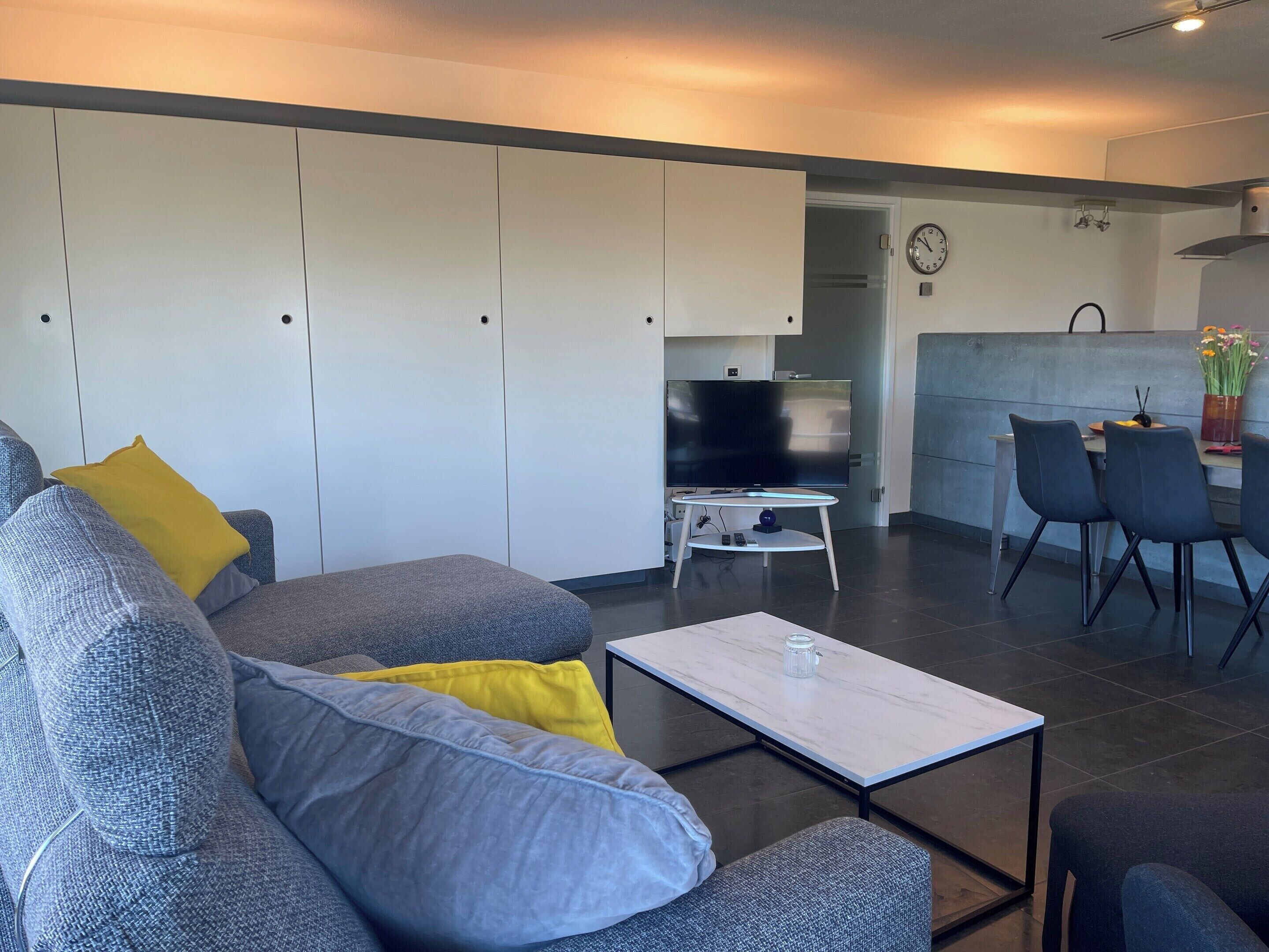 Ein modernes Wohnzimmer mit grauem Sofa, Couchtisch und Fernseher.