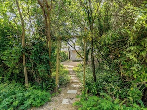 Un sendero de jardín que conduce a una construcción de madera rústica rodeada de abundante vegetación.