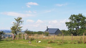 Ländliche Landschaft mit eingezäunter Wiese, Scheune und blauem Himmel.
