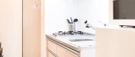 Fridge, microwave, cookware/dishes/utensils, ice maker