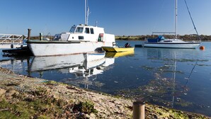 Un port de plaisance où sont amarrés plusieurs bateaux, une rive verdoyante et un ciel bleu dégagé.