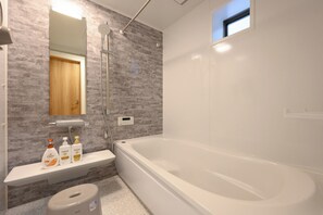 Hair dryer, towels, soap, toilet paper
