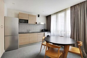 Fridge, microwave, coffee/tea maker, toaster