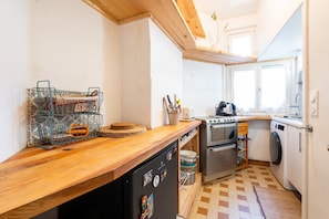 Fridge, oven, stovetop, coffee/tea maker