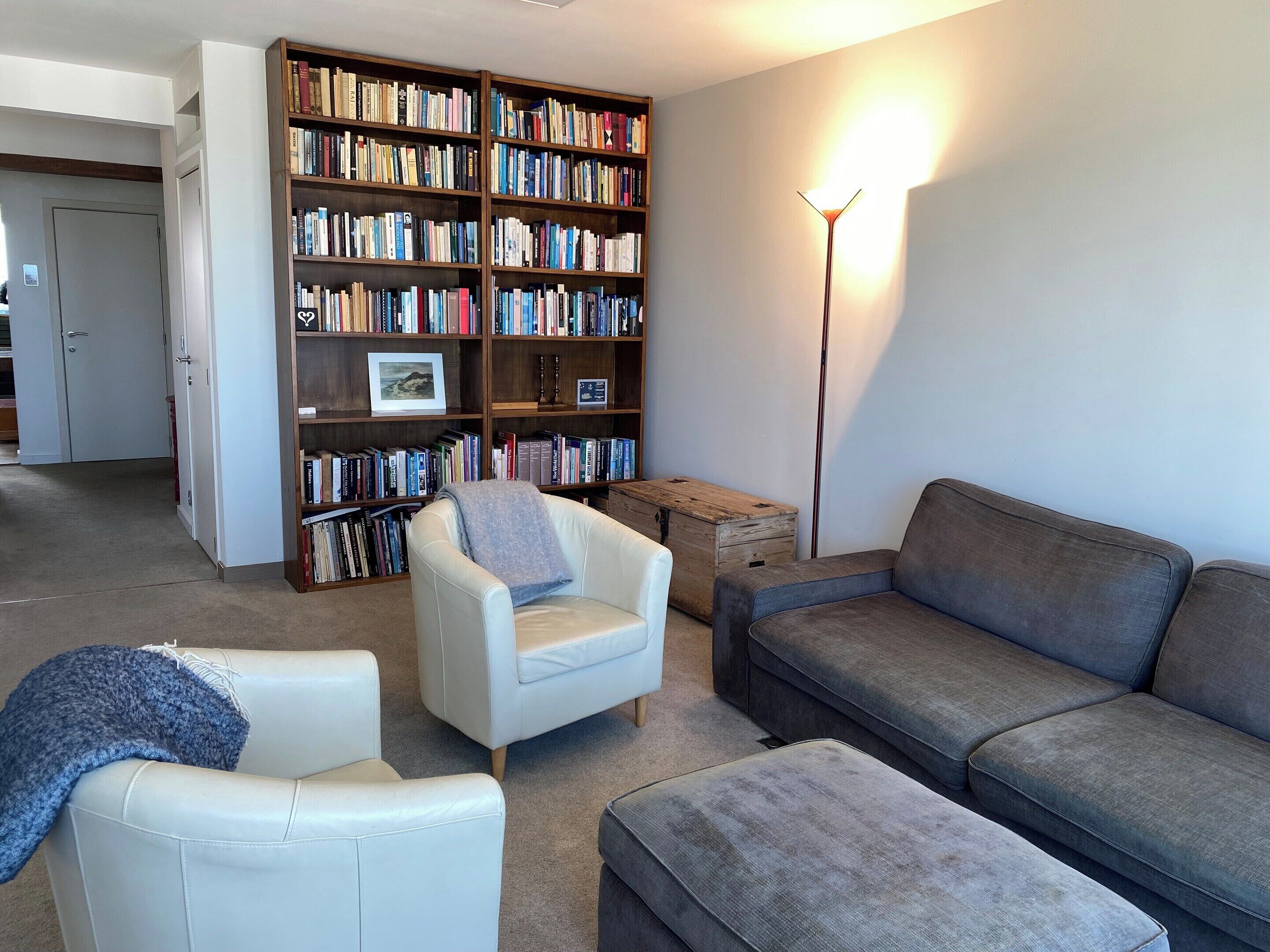 Una sala de estar con un sillón blanco, un sofá gris y una estantería llena de libros.
