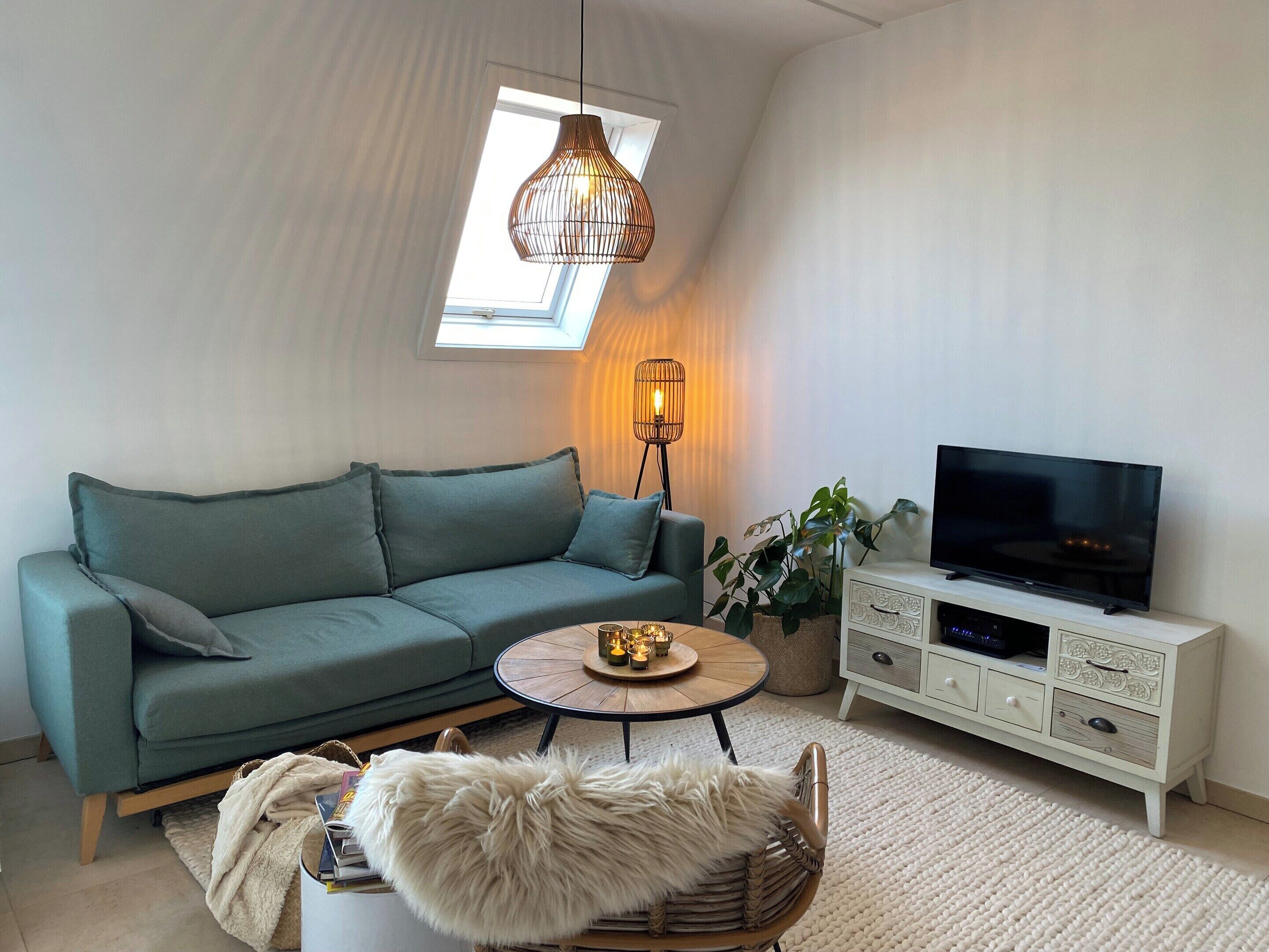 A living room with a sofa, a coffee table, a TV, and a plant.