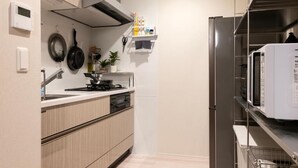 A compact kitchen with a stove, sink, and microwave. - Mondomio Sapporo 510 (Sapporo)