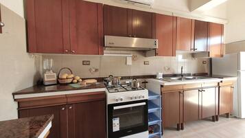 Fridge, microwave, oven, cookware/dishes/utensils