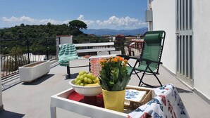 Ein Balkon mit Esstisch, Stuhl, Topfpflanze und Blick auf die Landschaft.