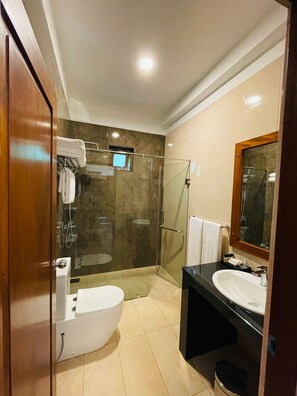 Shower, free toiletries, hair dryer, towels