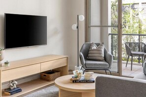 Smart TV, fireplace, DVD player, books