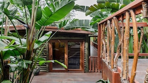 A wooden deck with a glass door leading to a covered area, surrounded by lush tropical plants. - Pool, stroll to beach and cafe (PEARL BEACH)