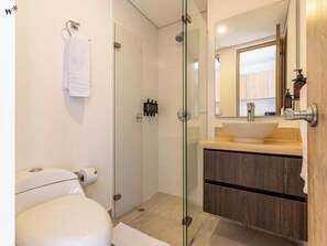 Regadera, secadora de cabello, toallas