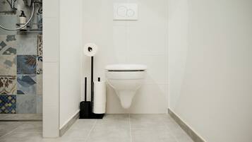 Une salle de bain moderne équipée de toilettes, d’une douche et d’un porte-rouleau de papier toilette.