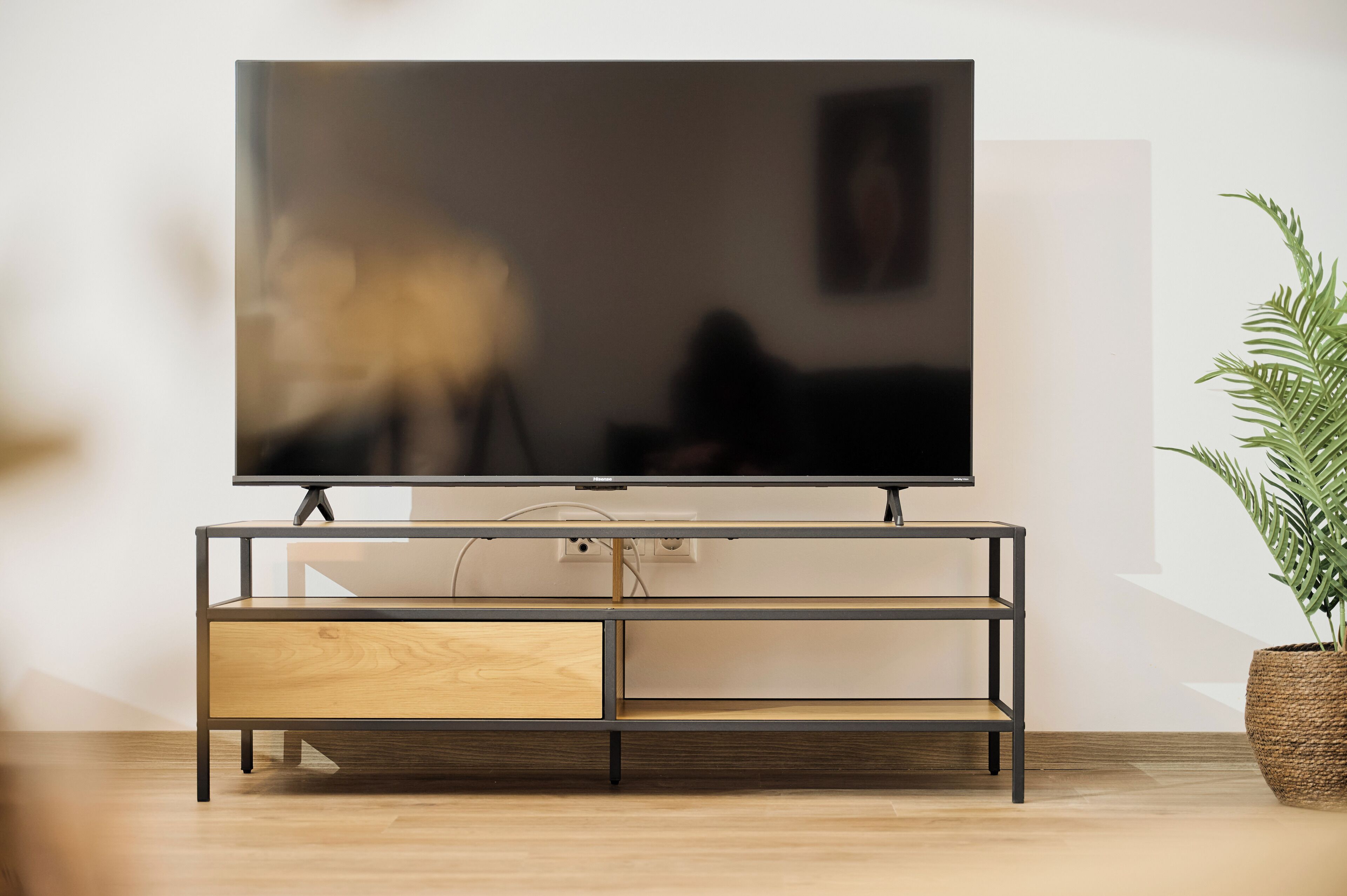Un soggiorno moderno con una televisione a schermo piatto su un mobile in legno, una pianta in vaso e un'arredamento minimalista.