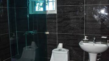 Hair dryer, bidet, towels, soap