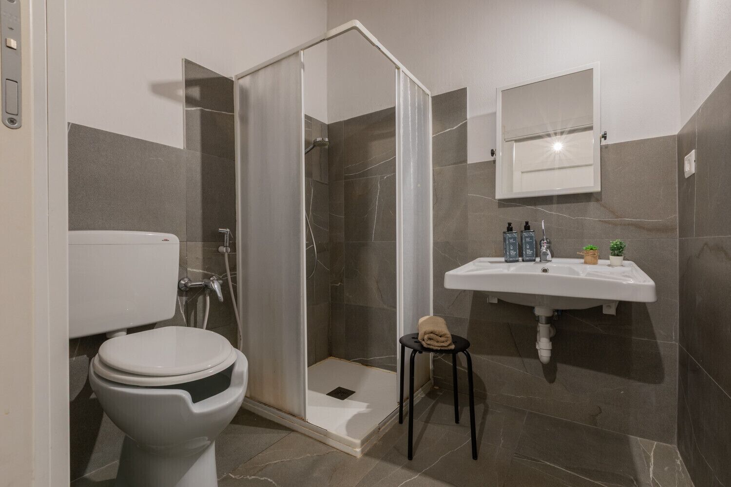 Shower, hair dryer, bidet, towels