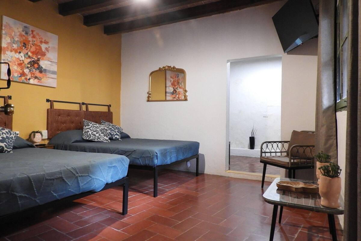 A room with two beds, a small table with a plant, a chair, and a mirror on the wall.
