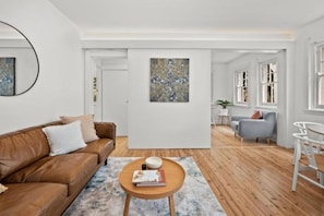 Smart TV, fireplace, DVD player, books