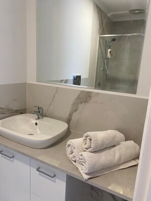 Shower, hair dryer, towels