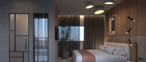 Acropolis Serenity Suite with Hot Tub | خزنة داخل الغرفة وستائر تعتيم وتجهيزات عازلة للصوت ومكواة/لوح كي