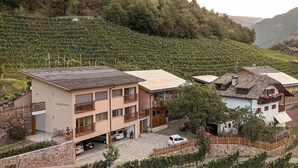 A multi-story building with balconies, a stone wall, and a vineyard in the background. - Apartment 'Lärche' with Mountain View, Shared Terrace and Wi-Fi (Bolzano)