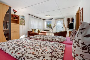 A bedroom with a bed, a sofa, a TV, and a window.