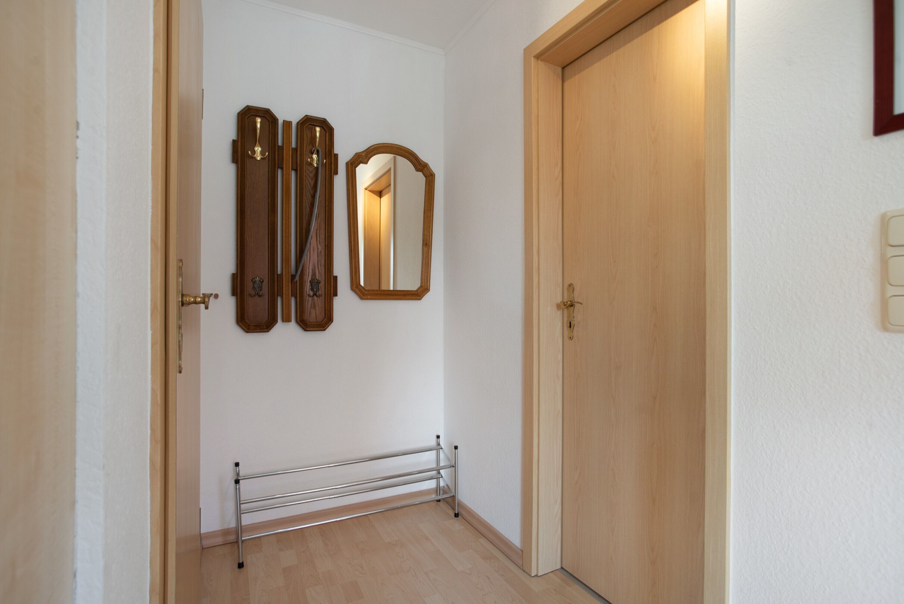 Un pasillo con una puerta de madera, un radiador y dos espejos fijos a la pared.