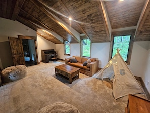 Smart TV, fireplace, music library, video library