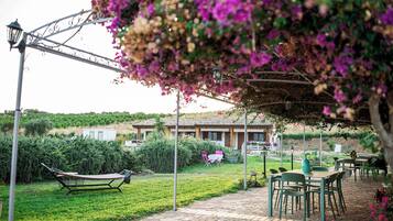 Un jardin agrémenté d’une pergola, d’un espace salon extérieur et d’un bâtiment en arrière-plan.