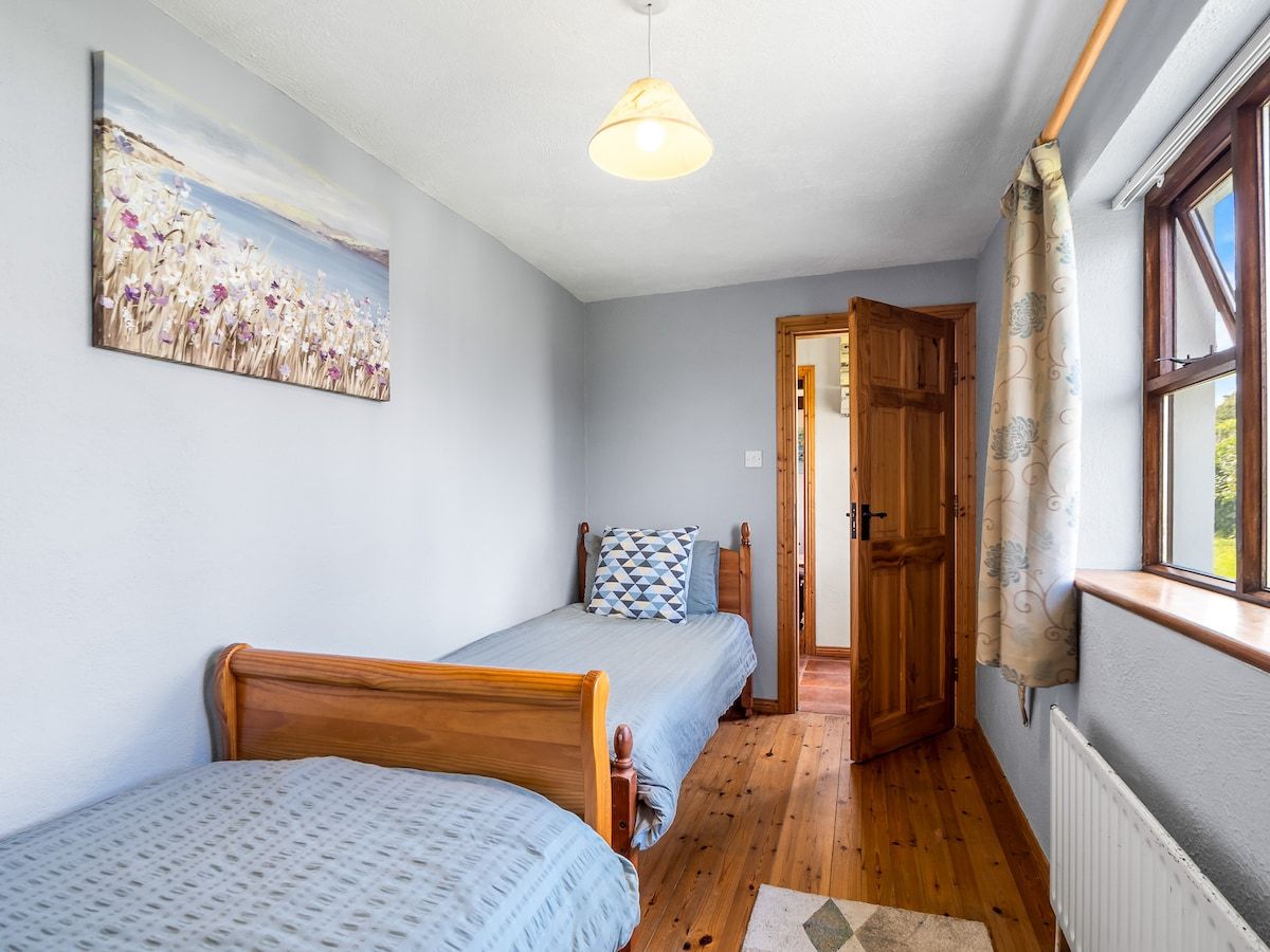 A bedroom with two wooden beds, a painting on the wall, a wooden door, and a window with curtains.